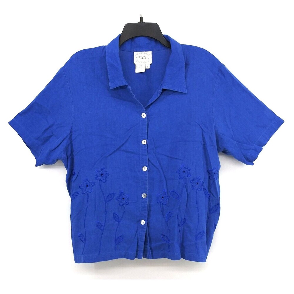 Country Wear Casuals Shirt Womens Size L Blue Floral Short Sleeve Button Up Top